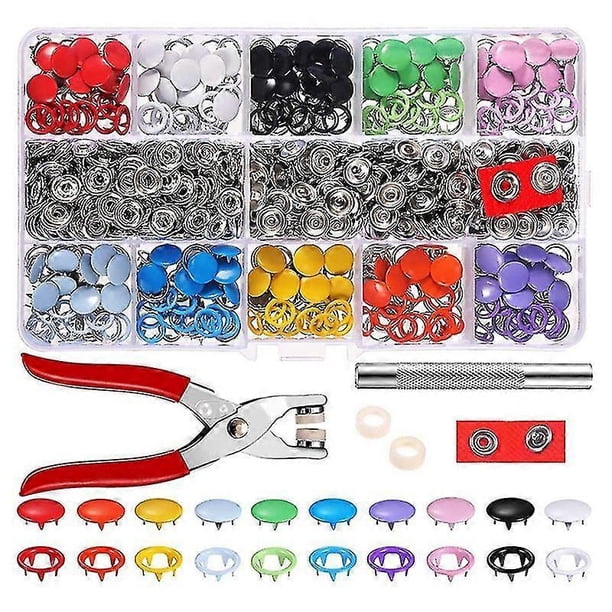 Alicates + 100 juegos de botones metálicos de costura de 10 colores, broches de presión huecos y sólidos para ropa y bolsos.