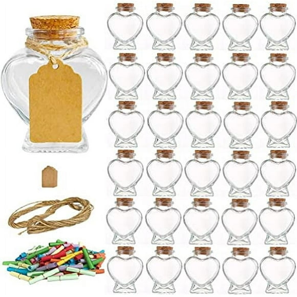 Folinstall 30 Pieces Heart Shaped Small Glass jars with Cork Lids, Glass Favor Jars for Wedding Decoration, DIY, Home, Party Favors, Extra Coloured Paper Scrolls and Personalized Tag Strings Included