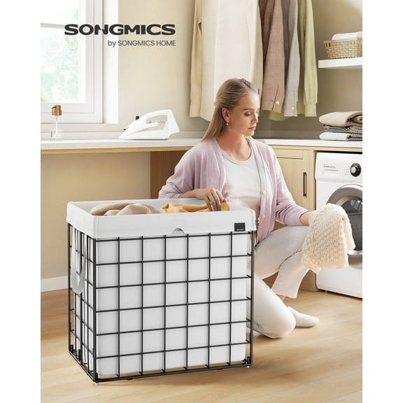 34.3 Gal Laundry Hamper, Collapsible Clothes Basket with Removable Washable Liner & Metal Frame, 66 lb Capacity for Bedroom Bathroom, Cream White