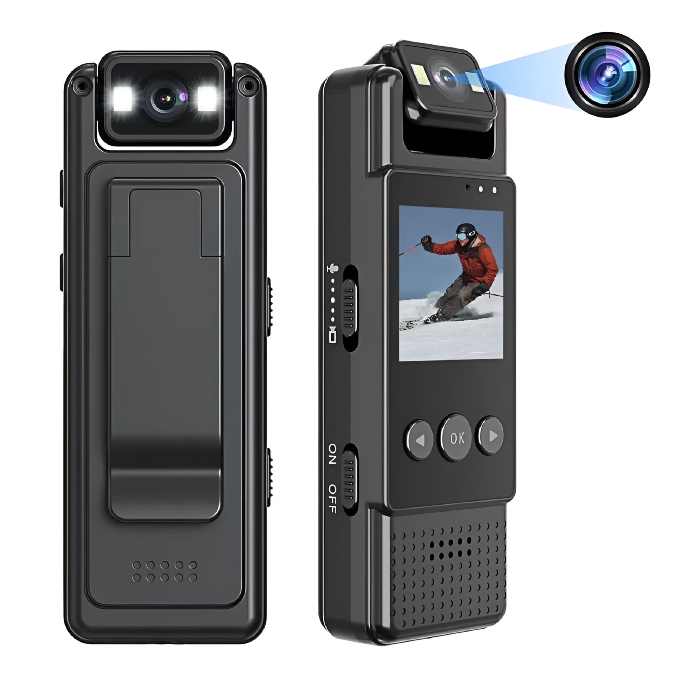 Body Camera, 2K Ultra HD Clip Audio Video Recorder, Videocamera Portatile Videocamera Sportiva con Obiettivo Girevole a 180°, Visione Notturna