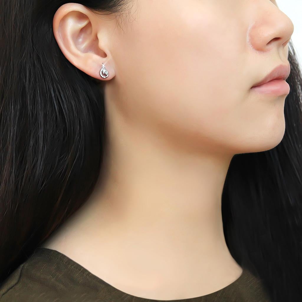 High polished (no plating) Stainless Steel Earrings with AAA Grade CZ in Clear for Women Clear Stone Color Style DA074