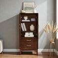 thumbnail image 3 of GZXS Pantry Cabinet with Storage, Vintage Accent Cabinet with 2 Geometric Doors and 2 Bottom Drawers, Adjustable Shelves, for Dining Area and Living Space, 23.7"L x 15.7"W x 53.5"H, Walnut, 3 of 9