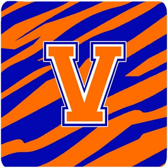 Monogram - Tiger Stripe - Blue Orange Foam Coasters, Initial Letter V - Set 4, 3.5 x 3.5 In.