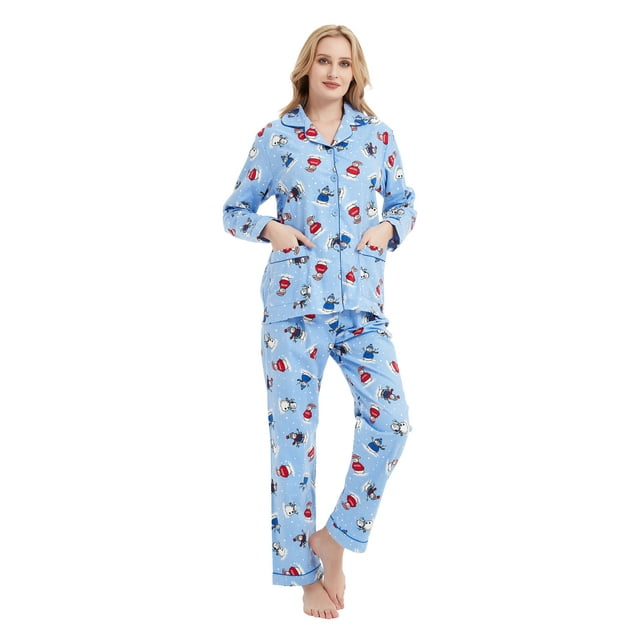 GLOBAL Conjunto de Pijama de Franela para Mujer, Pijama 100% Algodón para Mujer, Ropa de Estar por Casa, Manga Larga, Botón, Cordón en la Cintura, Ropa de Dormir Cálida, Muñeco de Nieve Azul XL
