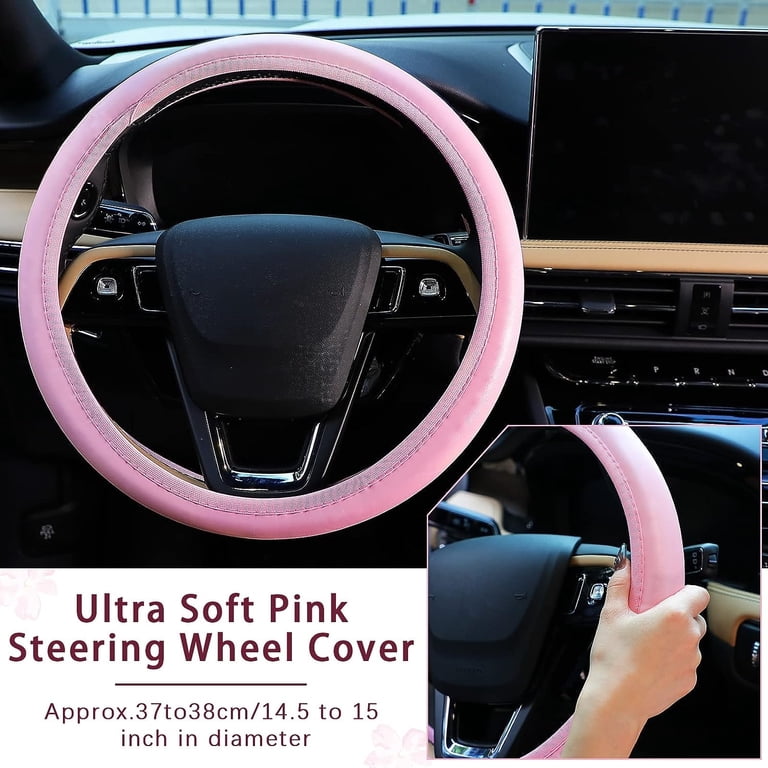 Dellukee 4-Piece Car Interior Set - Steering Wheel Cover, Seat Belt Pads & Center Console Cover (Panda Pattern)