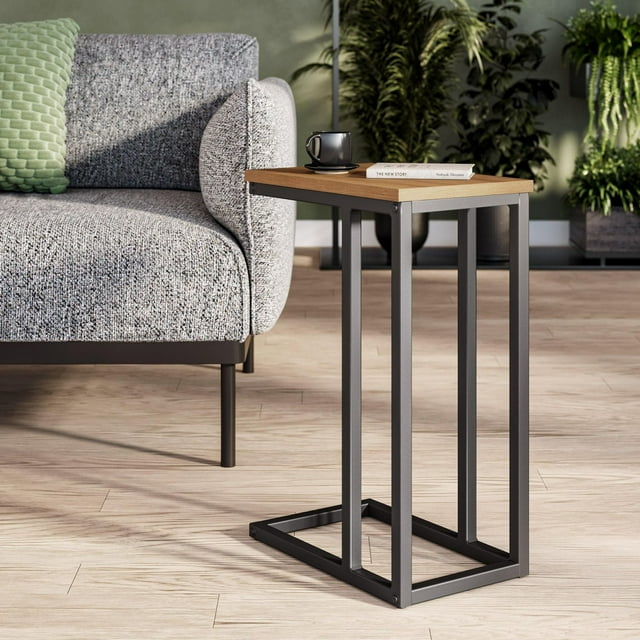 CorLiving Fort Worth Engineered Wood Narrow Rectangular Indoor Side Table with C-Shaped Steel Base, Brown