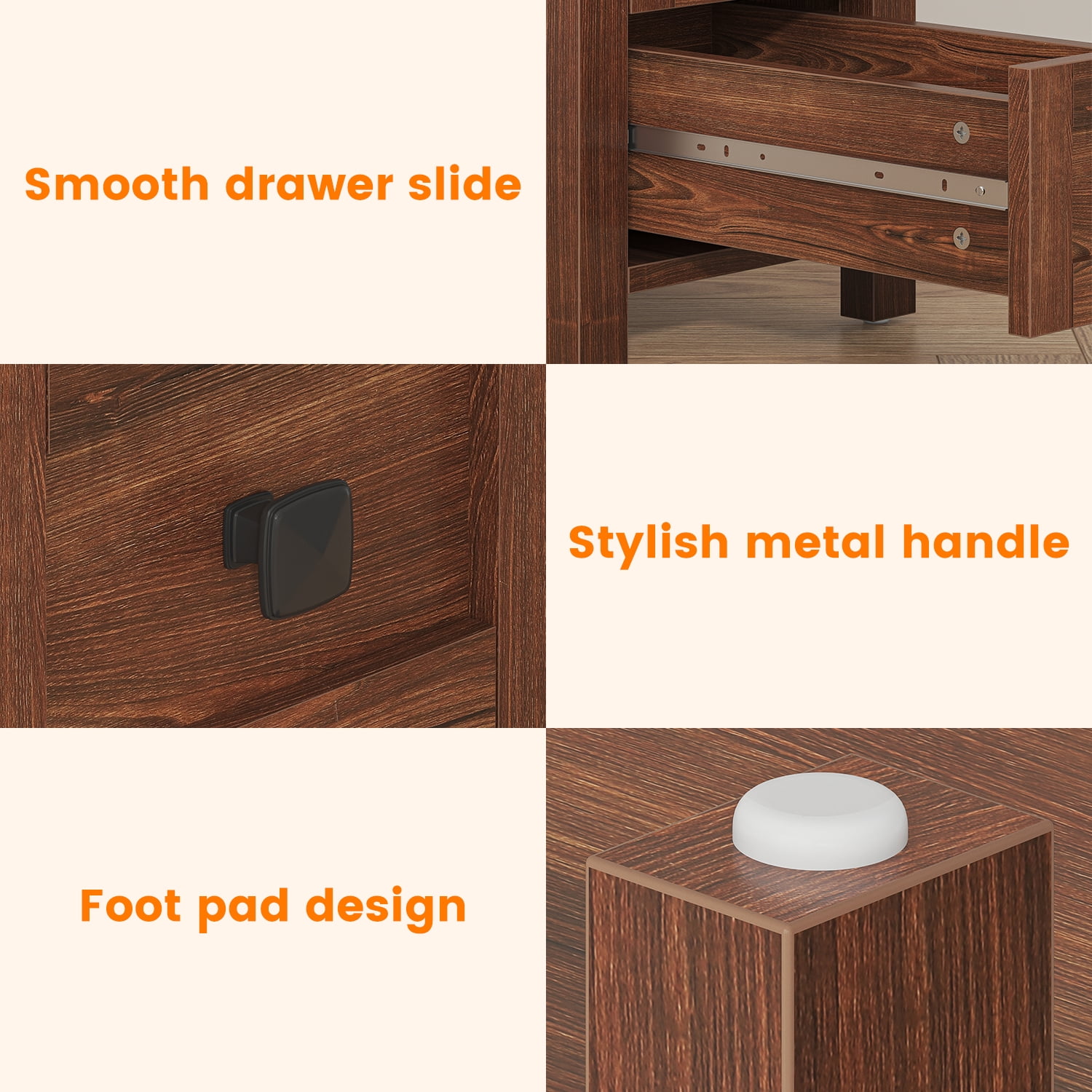 VVFLU Farmhouse End Table with Charging Station, Cherry Nightstand Narrow, Skinny Slim Small, Bedroom
