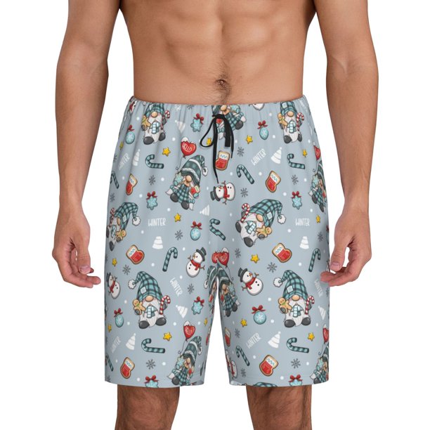 Balery Winter Gnome And Snowman Pantalones cortos de pijama de punto de algodón para hombre con cinturilla y bolsillos-Large