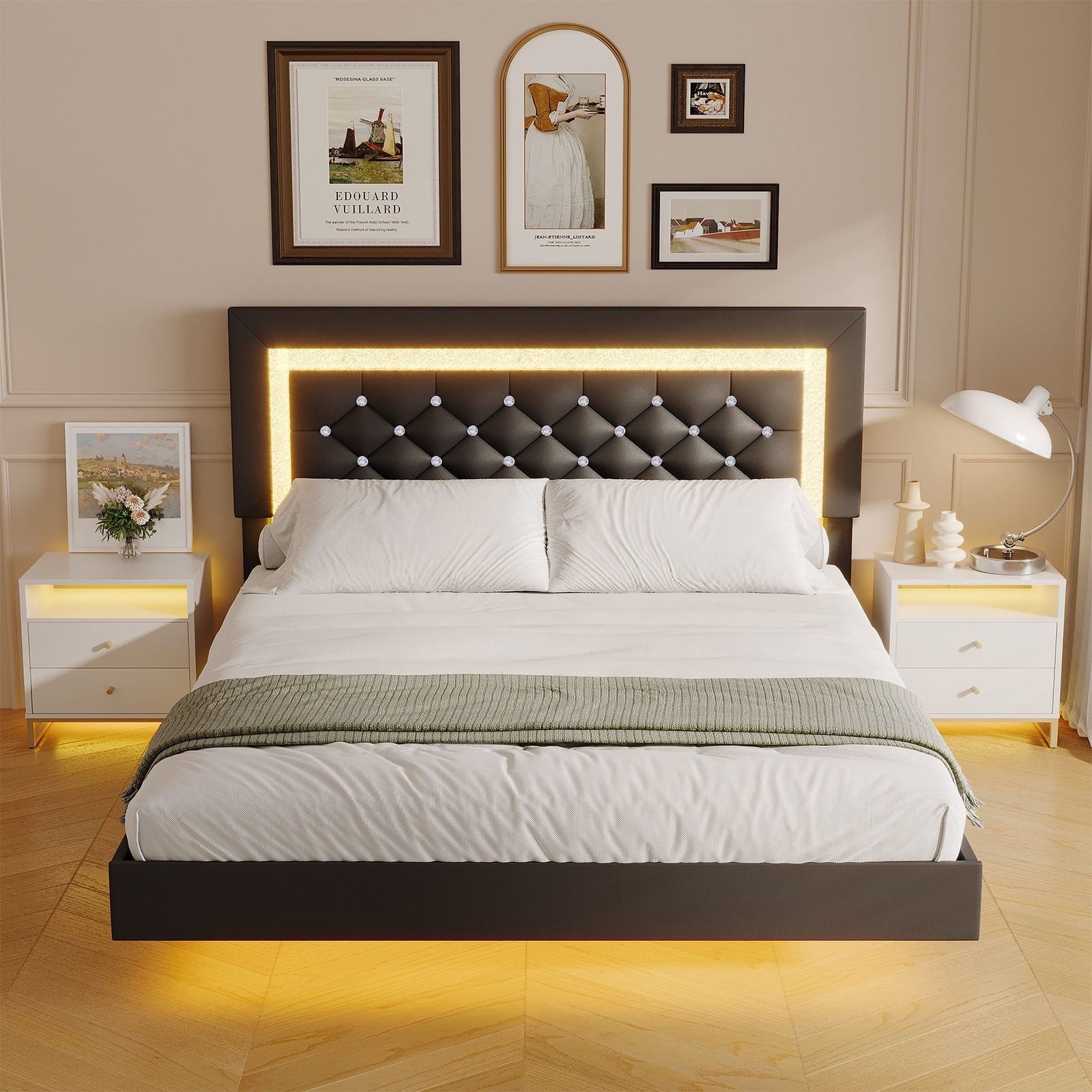4 EVER WINNER Queen Size Floating Bed Frame with LED Lights, Upholstered Platform Bed Frame with Diamond Tufted Headboard, Black Queen Size Bed Frame, Black