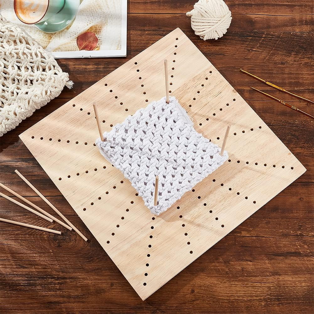 Handmade Wooden Blocking Board (11.8x11.8x0.47inch) with 20pcs 5.9x0.16inch Round Wooden Sticks and Sun Shaped Hole Square Knitting Loom for Knitting Crochet Beige