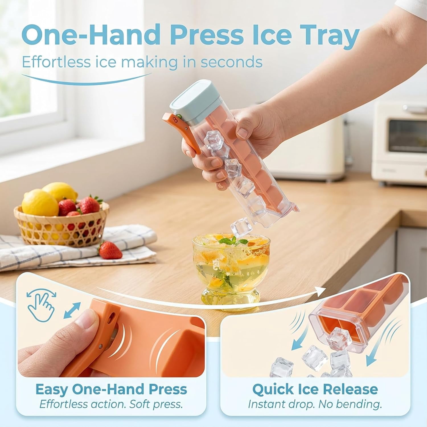 One Glass Ice Maker - Ice Cube Mold with One Hand Press (Orange)