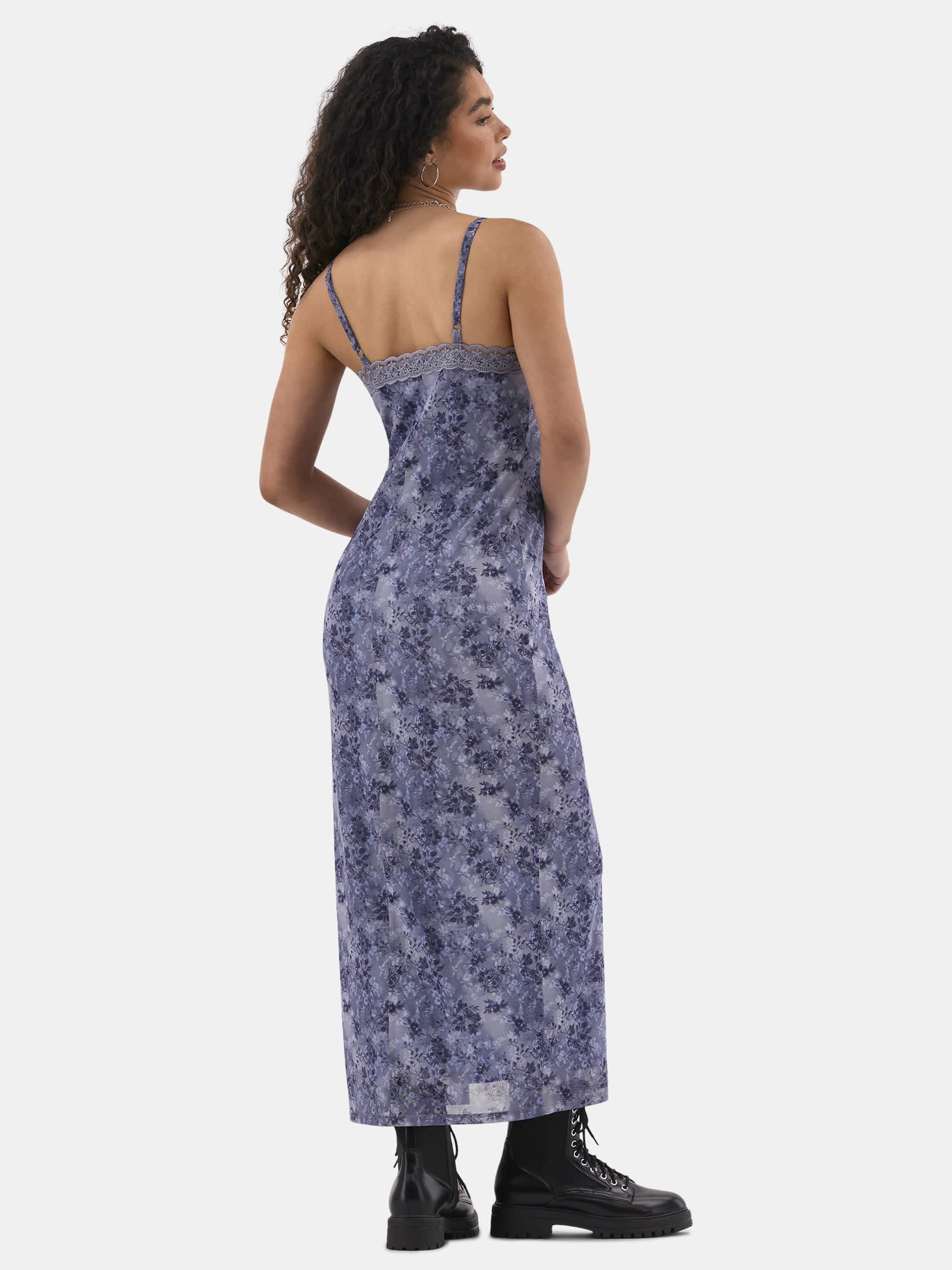 No Boundaries Lace Trim Maxi Mesh Dress, Women's