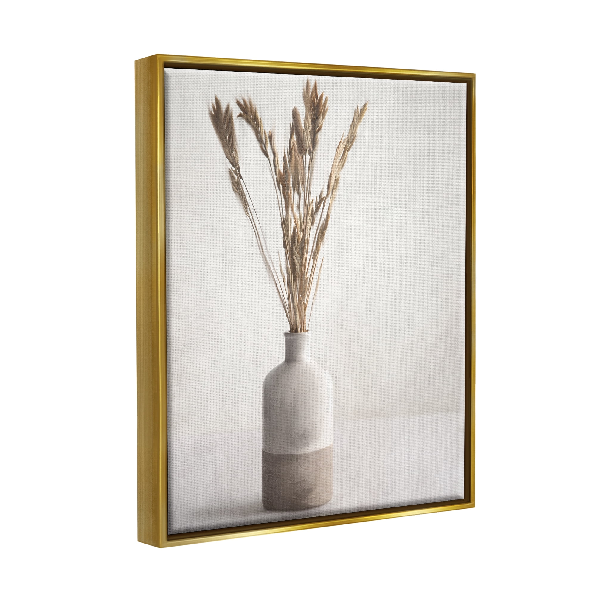 Stupell Industries Neutral Wheat Sprigs Botanical & Floral Painting Gold Floater Framed Canvas Art Print Wall Art, 17 x 21