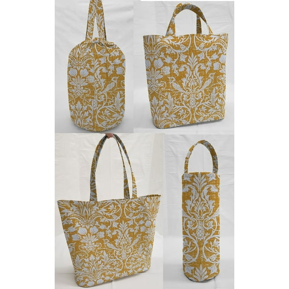 Gold Floral Damask Reusable Fabric Gift Bags and/or Bags by Penny's Needful Things (Drawstring Tote)