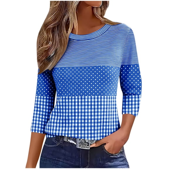 Cilsoka 3/4 Sleeve Shirts for Women Fall Striped Crew Neck Business Casual Tops Loose Three Quarter Length Work Blouses