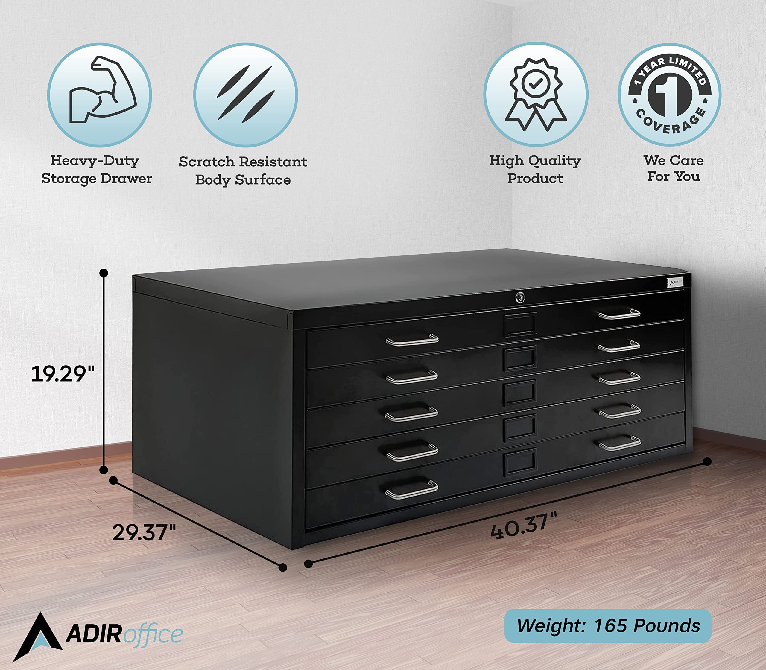 AdirOffice Flat File Cabinet - Heavy Duty 5-Drawer Blueprint Sheets Storage, 29" x 40" Great for Documents Sized 24” x 36”, Ideal for Artists, Art Files, Engineers, Architects, Offices - Black