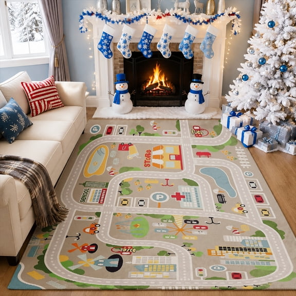Gelasgo Kids City Road Map Velvet Area Rug, Colorful Streets Buildings Decorative Carpet, Soft Indoor Floor Mat for Playroom Bedroom Nursery Kids Room Home Decor