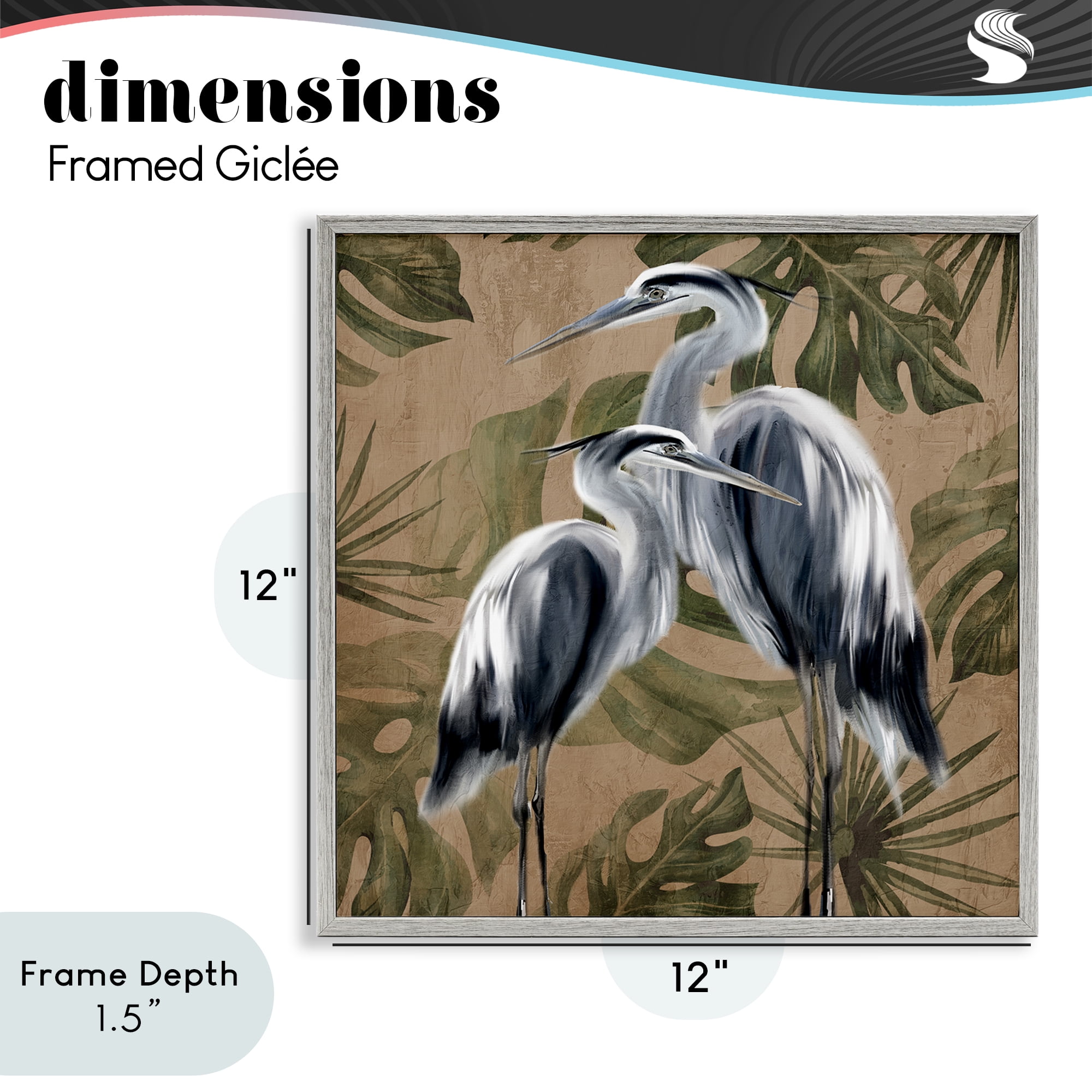 Stupell Industries Two Herons over Tropical Leaves Gray Framed Giclee Art, design by Kim Allen
