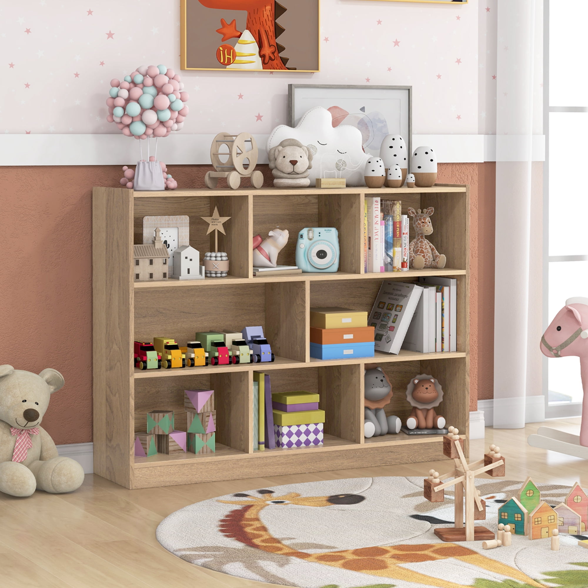 Costway 8 Cube 3-Tier Open Wooden Bookshelf Toy Storage Organizer with Anti-toppling Kits Natural