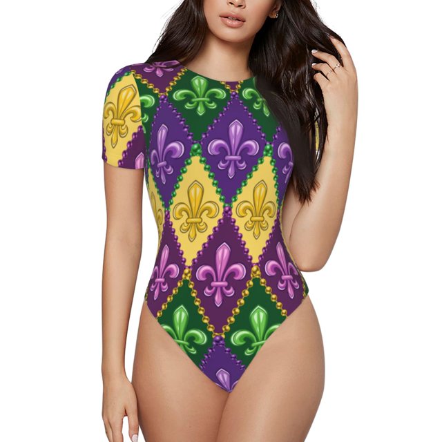 Fotbe Mardi Gras4 Body de Mujer con Cuello Redondo y Mangas Cortas, Sin Mangas Ajustado, Suave, Cómodo y Básico-Large