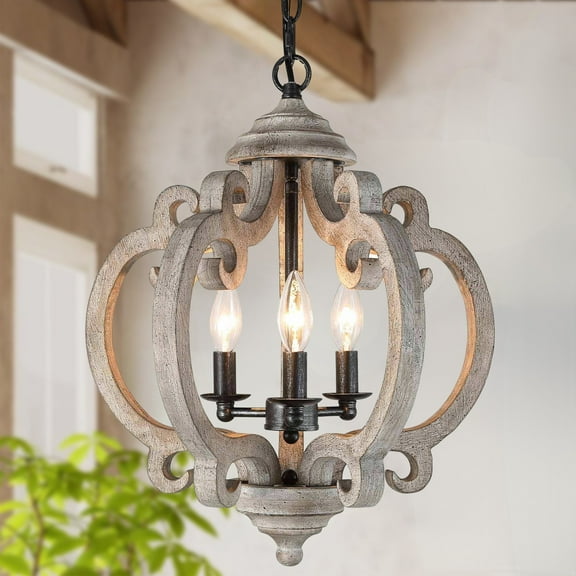 LNC Quaint 3-Light Farmhouse Distressed Grayish White Wood and Rustic Black Globe Small 14-20"W Chandelier
