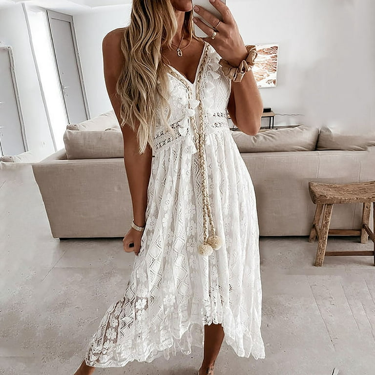 MELDVDIB Summer Dress for Women Hollow Out Tassel Lace Solid Ankle-Length  Dresses Sexy Sleeveless Beach Party Loose Dresses on Clearance