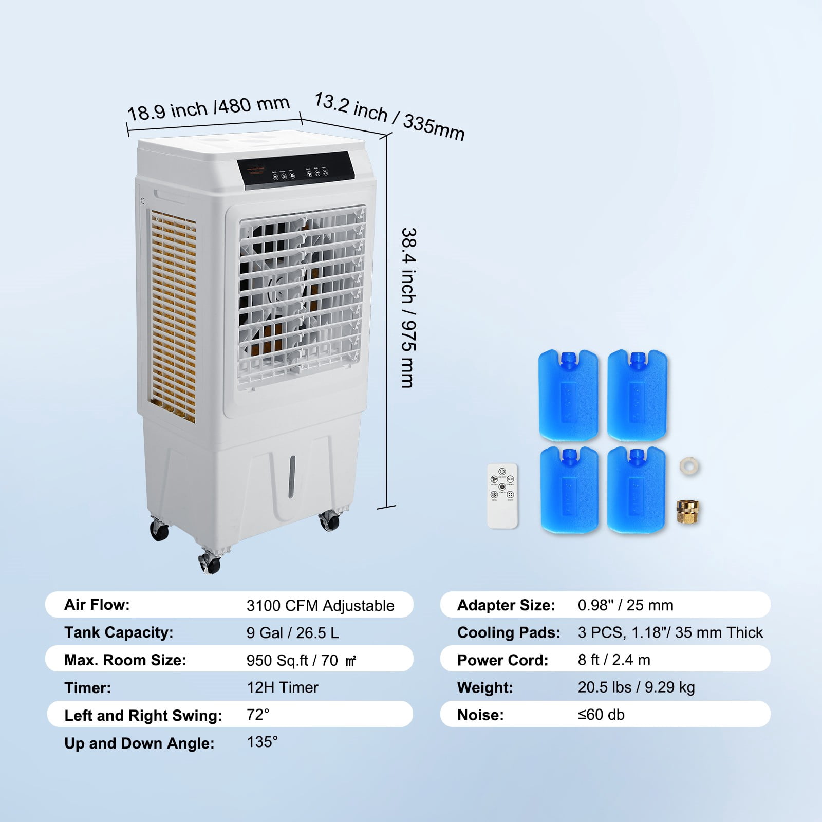 BENTISM 3-in-1 Evaporative Cooler, 9 Gal/34 L Portable Air Cooler 3100 CFM Swamp Cooler with Remote Control 12 H Timer Air Cooler, 3 Wind Speeds for Outdoor Indoor Use