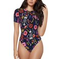 thumbnail image 1 of Balery Dancing Skeletons Floral Garden Body de cuello redondo de manga corta para mujer Tops de manga corta Tops básicos-Large, 1 of 7