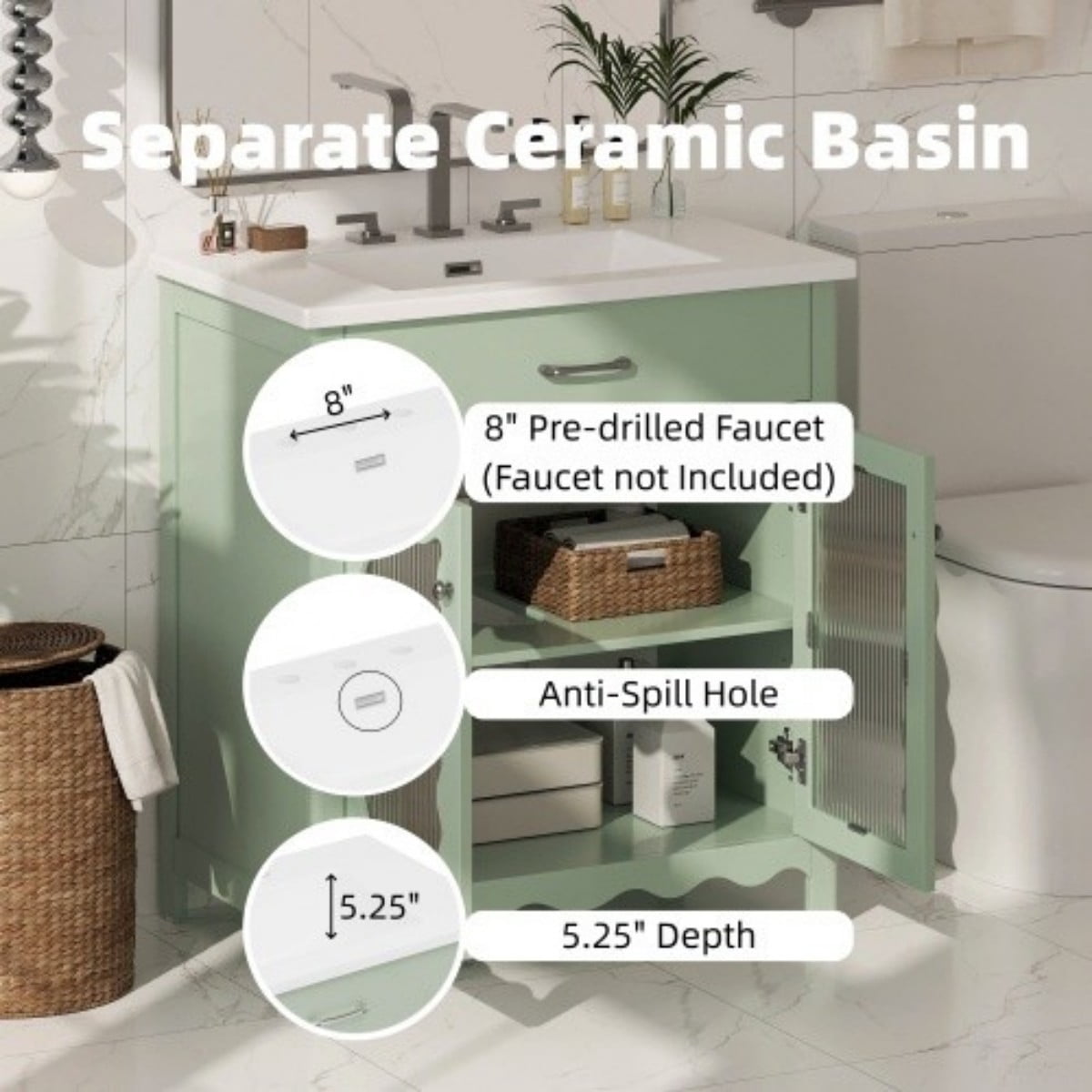 31" Bathroom Vanity with Ceramic Sink, Modern Freestanding Bathroom Cabinet with Tempered Glass Doors, Soft Close Hinges, Rubber Wood Legs, Green
