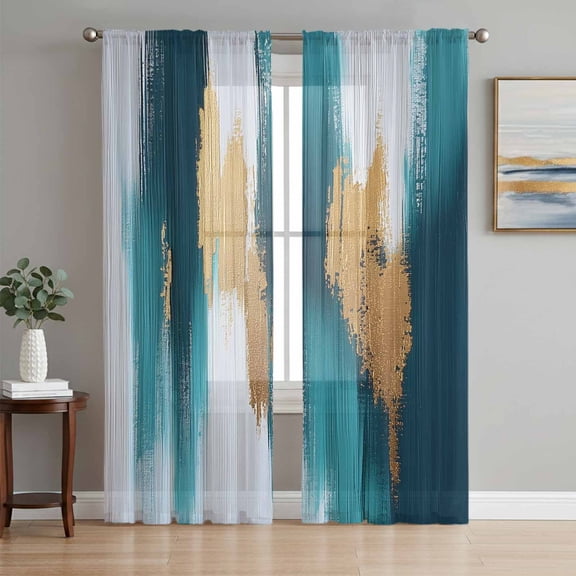 Sheer Curtains 96 Inches Long 2 Panels Set for Living Room, Abstract Teal Gold Semi Sheer Curtains for Windows, Green White Wall Art Textured Voile Window Treatments Rod Pocket Curtain