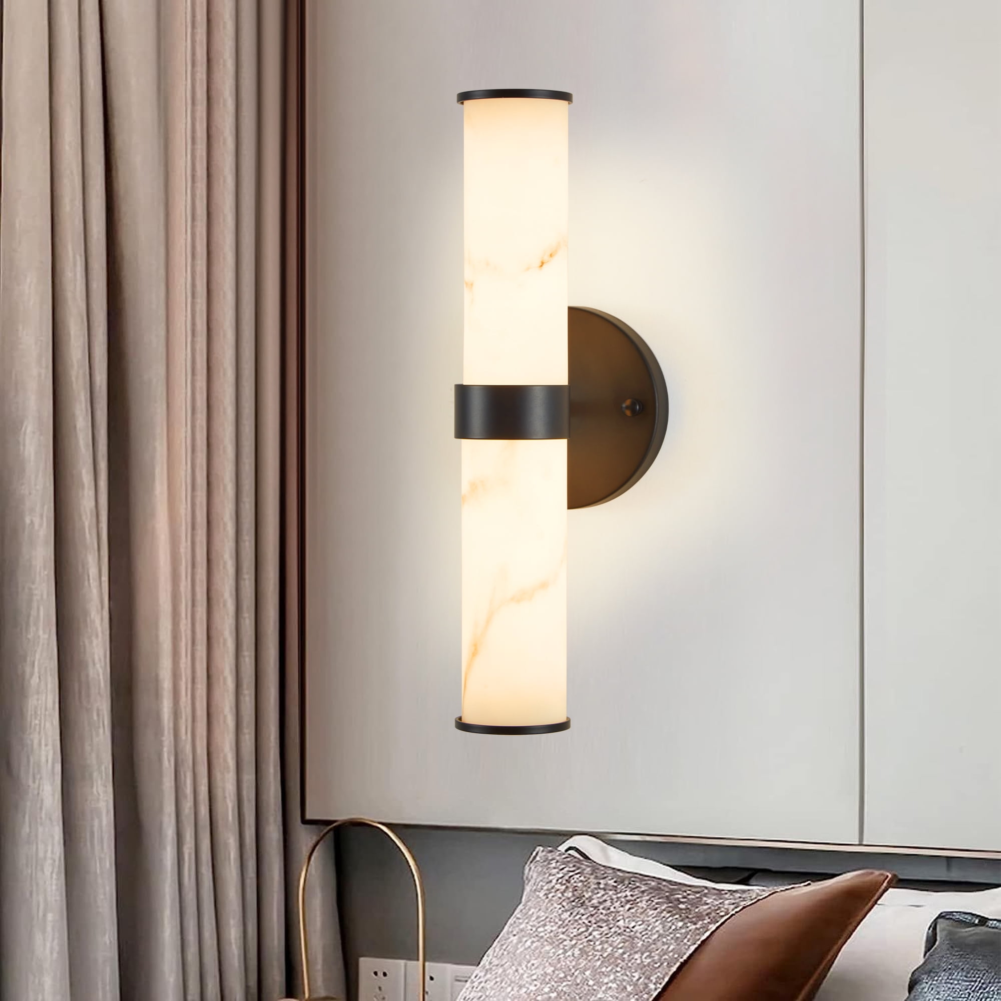 Bathroom Wall Sconces Set of 2, Modern LED Vanity Lights with Faux Marble Resin Shade, Black Wall Mount Fixture for Bedroom, Hallway, Living Room, Integrated 3000K LED