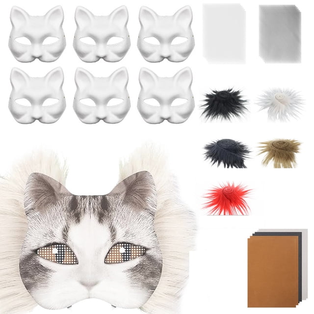 braveheart Cat Mask Making Set For Cosplay Halloween 6 Pcs Fur Blank Masks With Fabric And Eye Mesh Include 6 E
