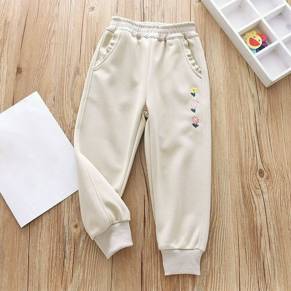 FAIWAD Toddler Cotton Sweatpants for Girls Embroidered Lightweight Athletic Jogger Pants Kids Elastic Waist Cinch Bottom Pants