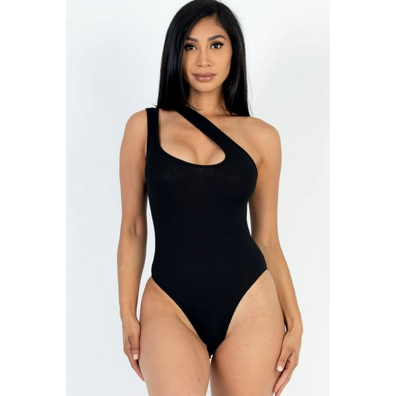 Rib Knit One Shoulder Cut Out Bodysuit