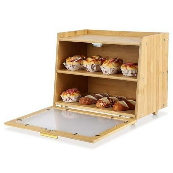 EastVita Double Layer Bread Box for Kitchen Counter,Large Capacity Bread Storage Container,Modern Bread Box,Wood