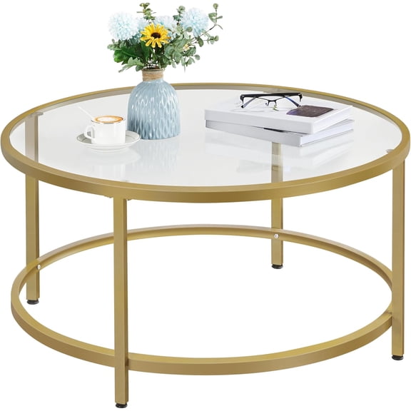 GetRich Gold Glass Coffee Table for Living Room, 36" Round Glass Coffee Table with Metal Frame, Circle Coffee Table for Home, Office, Apartment