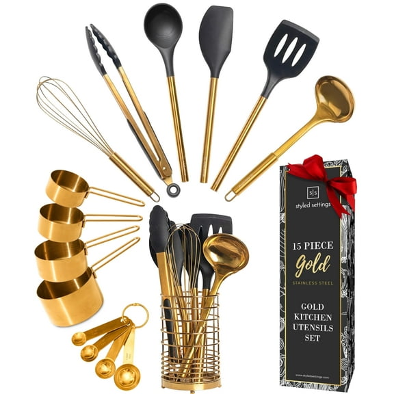 Styled Settings 15-Piece Black and Gold Kitchen Utensils Set with Measuring Cups & Spoons, BPA-Free