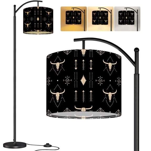 Arc Floor Lamp Boho seamless bull skull horns ethnic Tall Modern Standing Lamp LED Adjustable Linen Lampshade 3 Color Temperatures