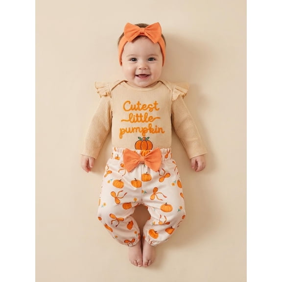 Baby Girls Halloween Outfits Adorable Letter Pumpkin Embroidery Long Sleeve Romper and Elastic Waist Pants Headband Set