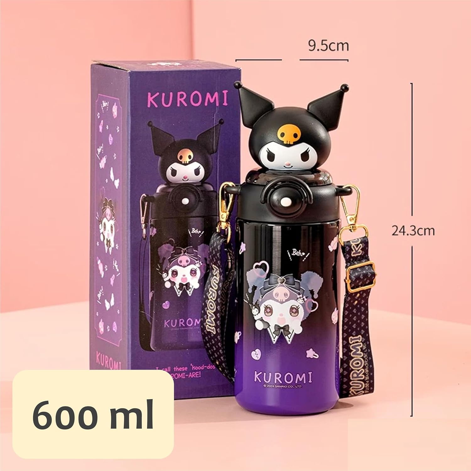 Kuromi Hello Kitty Cinnamoroll Water Bottle 600ml Melody Stainless