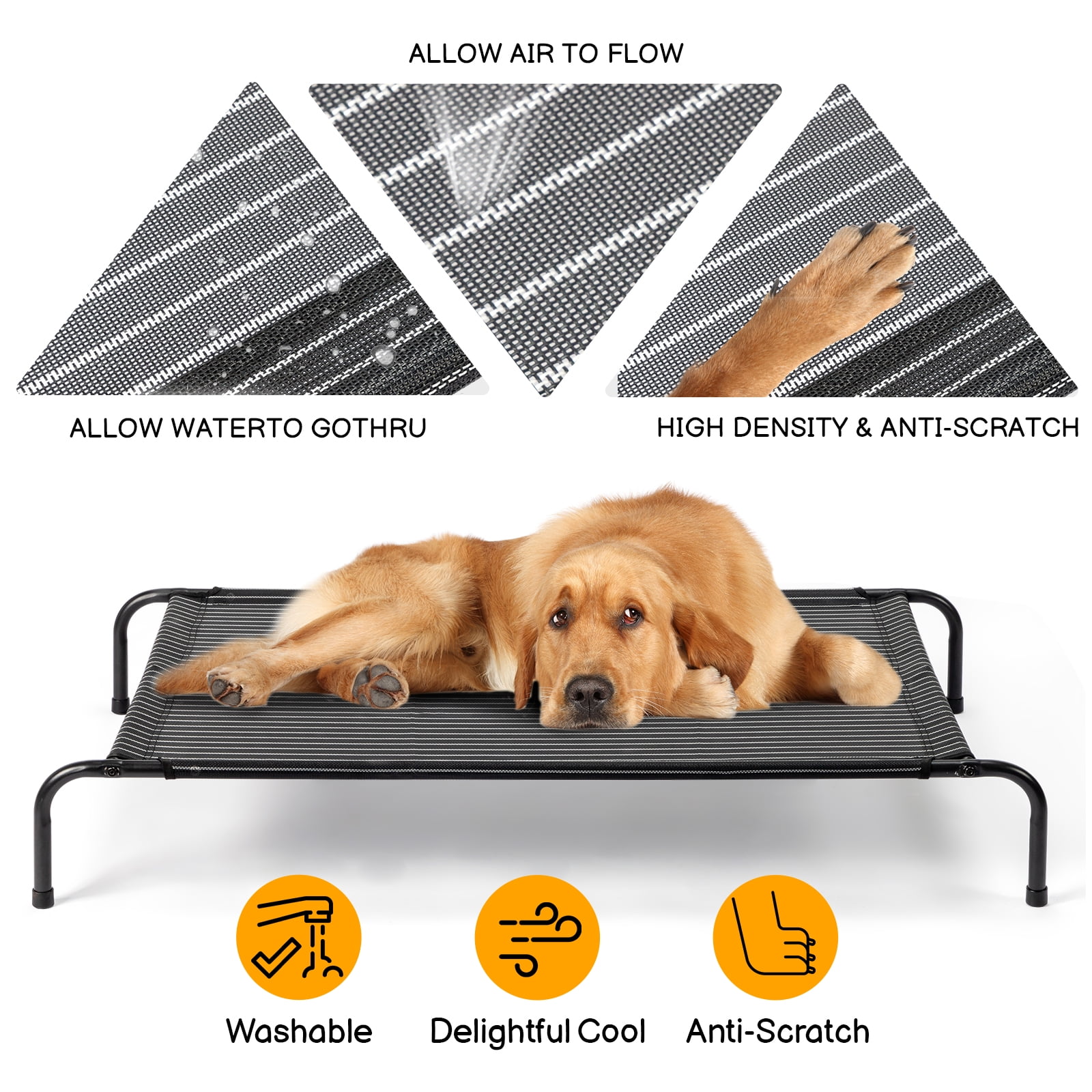 GTYIZ Elevated Dog Bed, Large Cooling Mesh Cot with Powder-Coated Steel Frame, 50x31 inch Outdoor Indoor Pet Bed for Heavy Dogs Up to 80 lbs, Easy Clean Portable for Camping Patio, Black