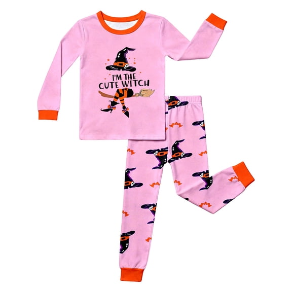 Tisuna Girls Halloween Pajamas Set Witch Hat Print Long Sleeve Tshirts And Pants Set Trendy Daily Loungewear For Age 2-12 Years, Pink