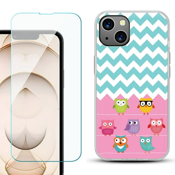 Slim-Fit Flexible TPU Gel Phone Case for iPhone 13, with Tempered Glass Screen Protector, by OneToughShield ® - Chevron/Teal/Owl