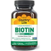 Country Life Biotin High Potency, 10mg, 120 Count, Certified Gluten Free, Certified Vegan, Verified Non GMO