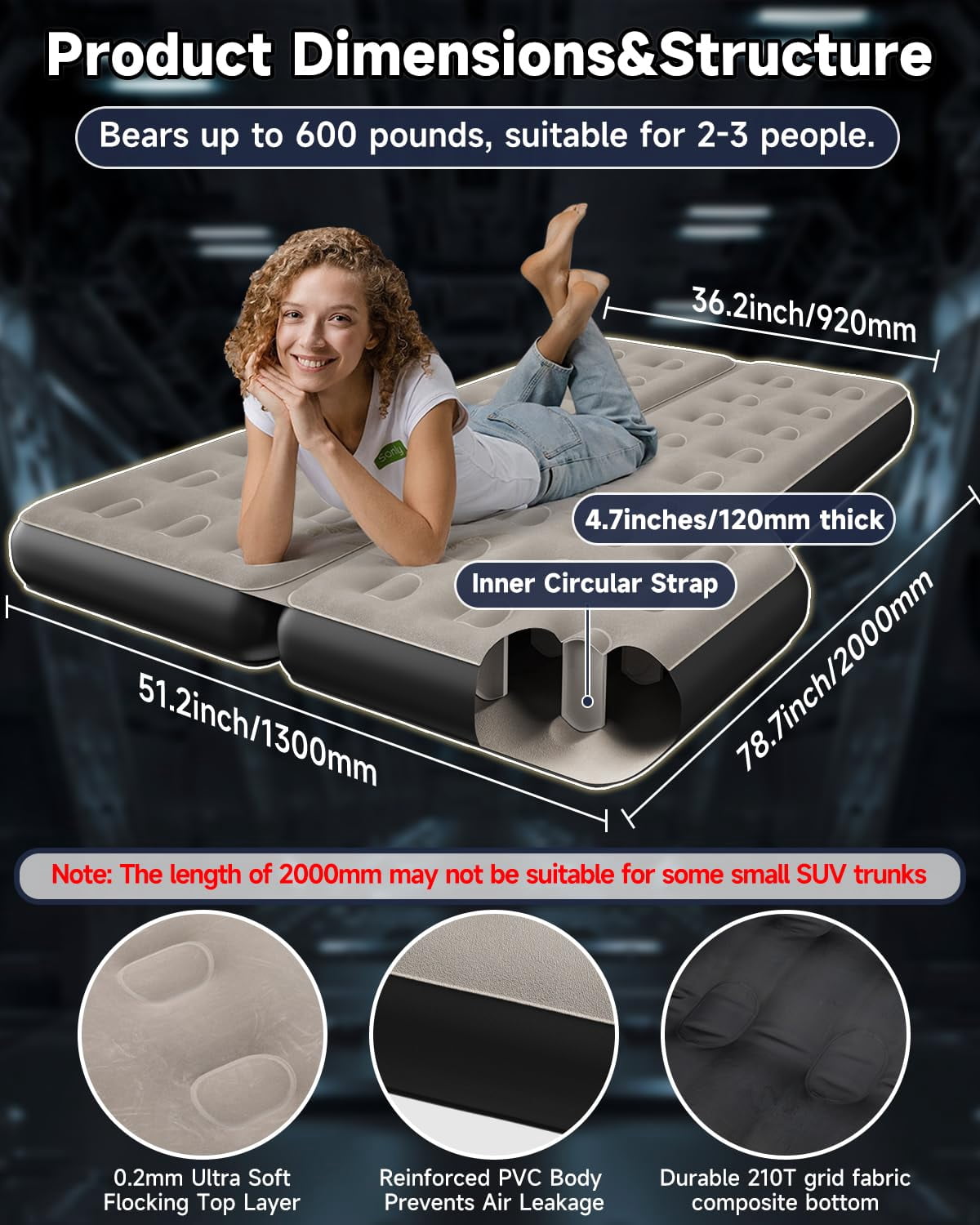 Air Mattress for Car Camping, Leakproof & Quick Inflation Sleeping Airbed with Electric Pump, Fits Most Compact, Mid-Size & Full-Size SUV Trunks for Road Trip Travel