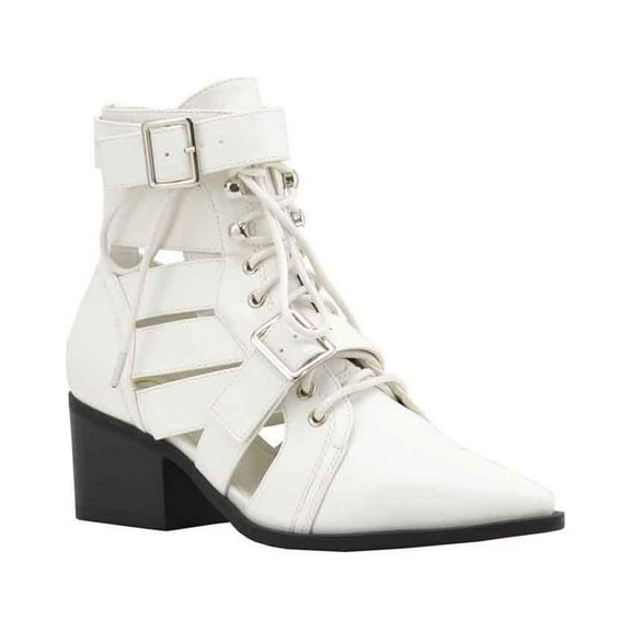 Olivia and Jaymes Open Toe Lace Up Ankle Booties Block Chunky Heel 10, White