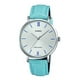 thumbnail image 1 of Reloj de pulsera Casio Dress LTP-VT01 de cuerpo color plateado, analógico, para mujer, fondo plateado, con correa de cuero color celeste, agujas color plateado, dial azul, bisel color plateado y, 1 of 8