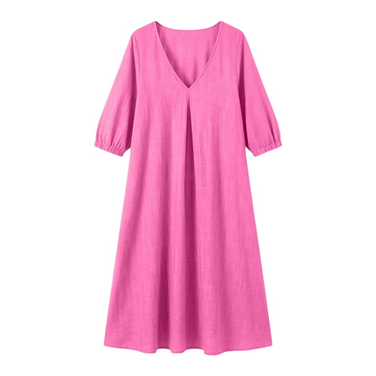 hot pink 3/4 sleeve dress Linen Three Quarter Sleeve Maxi Shirt Dress - Blossom Pink