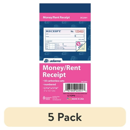 (5 pack) Adams Money/Rent Receipt Book, 2-Part Carbonless Forms, White/Canary, 2-3/4 x 5-3/8 in., 50 Sets