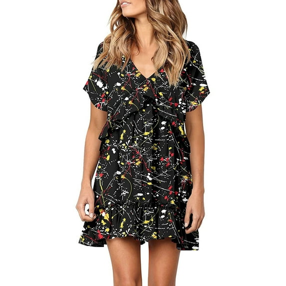 DYMADE Women Plus Size Short Sleeve Deep V Printed Ruffle Sexy Dress
